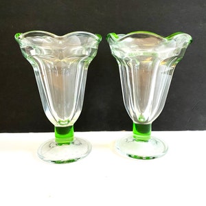 Vintage Anchor Hocking Green Glass Footed Ice cream or Dessert Dishes, Tulip Shaped with Scalloped Edge Set of Two 6 inch High