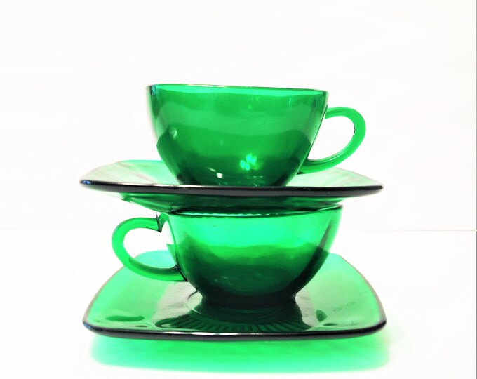 Vintage Glass Cup and Saucer Set in Charm Forest Green by Etsy