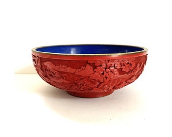 Vintage Chinese Cinnabar Hand Carved Lacquered Bowl on Copper Enamel Blue Interior