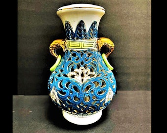 Vintage Chinese Porcelain Vase with Gilt Elephant Ring Handles 9 1/2 inch Reticulated Vase