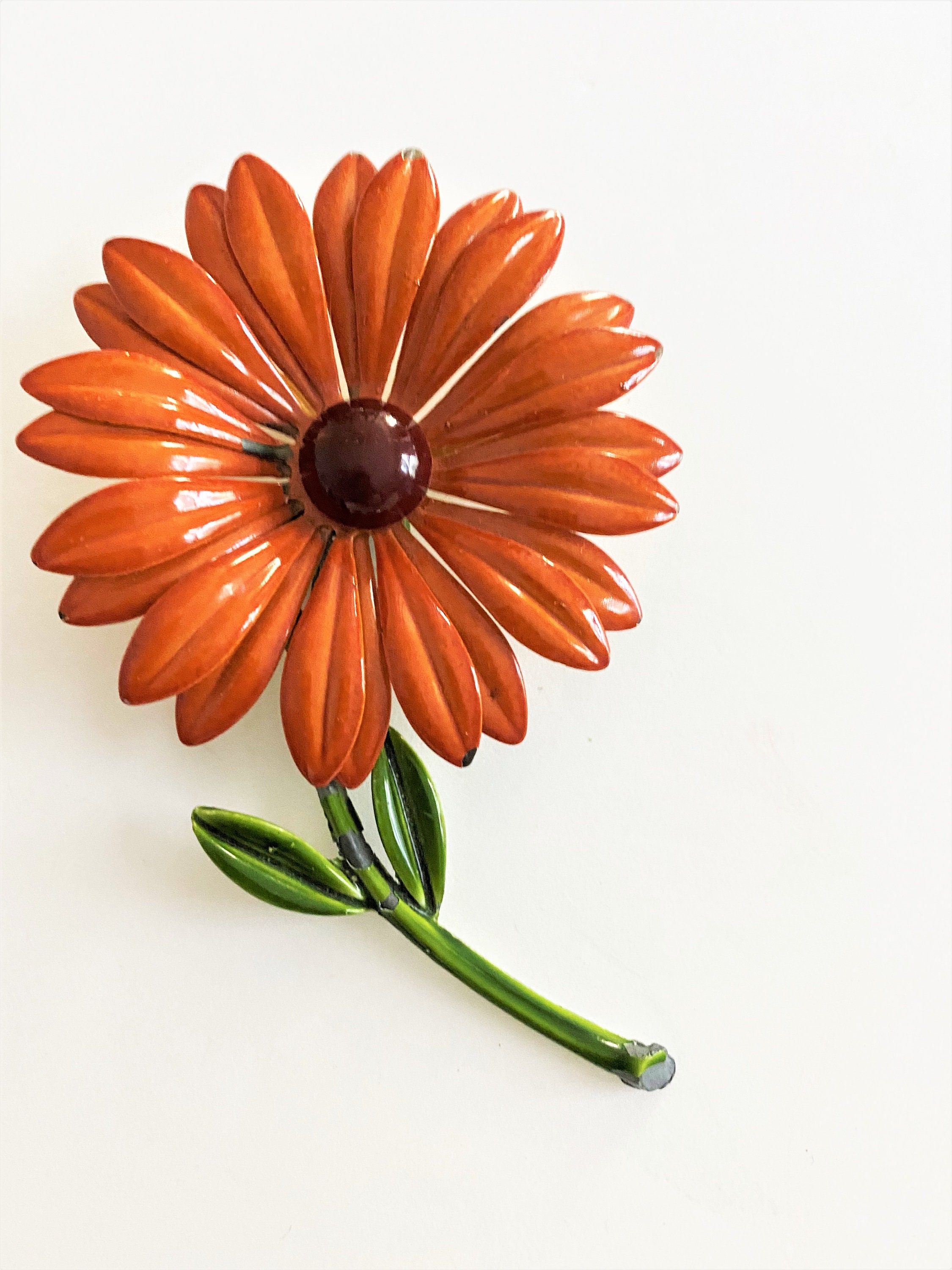 Vintage Metal Flower Brooch With Orange Enamel Petals and Etsy