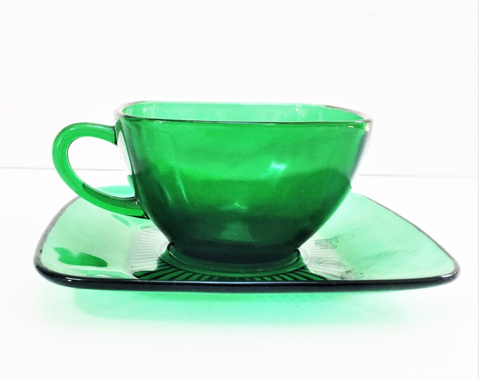 Mid Century Modern Glass Cup and Saucer in Charm Forest Green Etsy