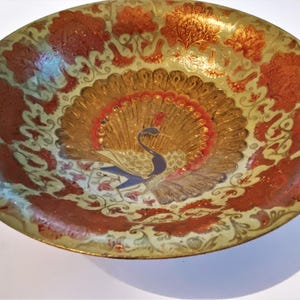 Vintage Enamel Brass Bowl Floral and Peacock Design 8 inch Pedestal Bowl Made in India