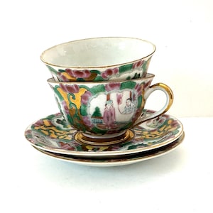 Vintage Porcelain Cup and Saucers Set of Two Hand Painted Famille Rose 6 oz Cups and Saucers