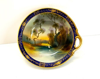 Antique Noritake Serving Porcelain China Dish, Hand Painted with Flying Swan, Cobalt Blue and Gold Rim Serving Dish with Handle circa 1920