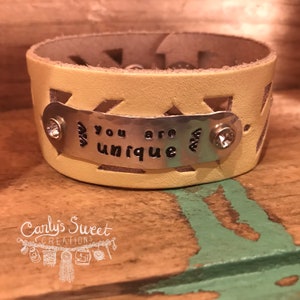 You Are Unique Geometric White Leather Cut Out Cuff with Rhinestones - Hand Stamped Leather Cuff - Repurposed Leather Belt Bracelet