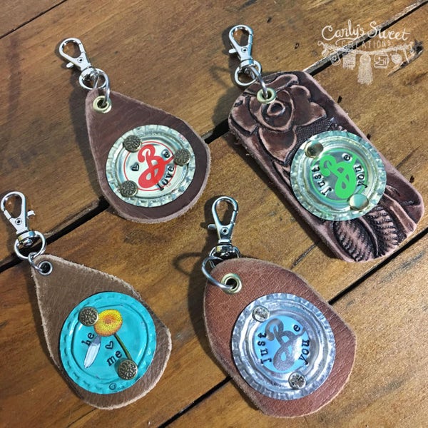 Stamped Bottlecap Distressed Leather Belt Keychains - Brooklyn Beer Keychains - Bottle Cap Keychains