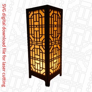 Asian architectural inspired geometric 11 inch tabletop tea light lantern SVG digital cut file.  Home Decor Project Lamp.