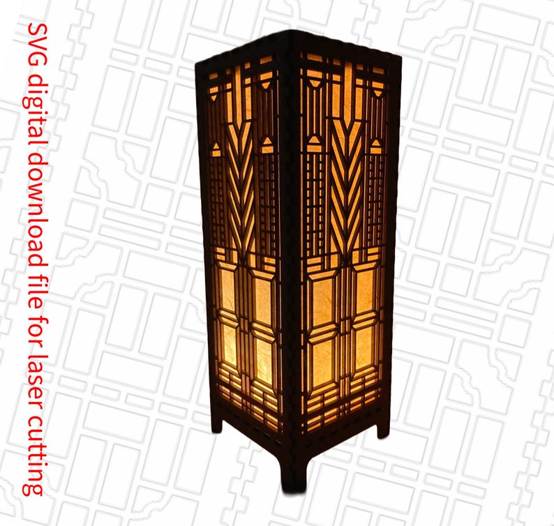 May include: A wooden lamp with a geometric design. The lamp is lit and the light shines through the cutouts in the wood.