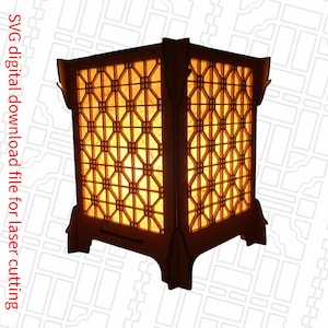 May include: A wooden lamp with a geometric pattern cut-out design. The lamp is lit and casts a warm glow. The lamp is made for laser cutting.