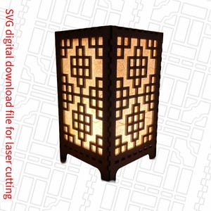 Asian architectural inspired geometric 7 inch tabletop tea light lantern SVG digital cut file.  Home Decor Project Lamp.