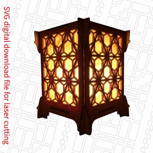 May include: A wooden lamp with a geometric design. The lamp is lit and the light shines through the cutouts in the wood.