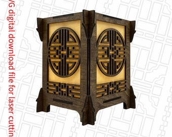 Asian inspired tabletop tea light lantern with a slide together frame. Elevate your home decor with this beautiful simple laser SVG File.