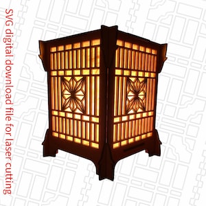 Asian inspired tabletop tea light lantern with a slide together frame. Elevate your home decor with this beautiful simple laser SVG File.