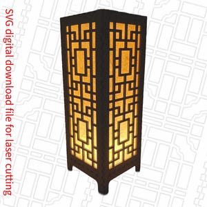 Asian architectural inspired geometric 11 inch tabletop tea light lantern SVG digital cut file.  Home Decor Project Lamp.