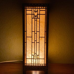 May include: A wooden table lamp with a geometric design and a warm, yellow light emanating from the lampshade.