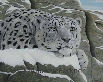 The Watcher. Limited Edition Fine Art Giclee Print of a Snow Leopard. Individually signed and numbered by the artist.