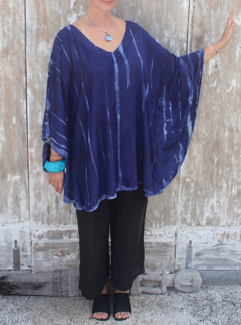 Handmade Tie Dye Caftan Blouse - Rayon, Plus Size Cover Up, Navy Blue (Fits L To 4X) - View #3