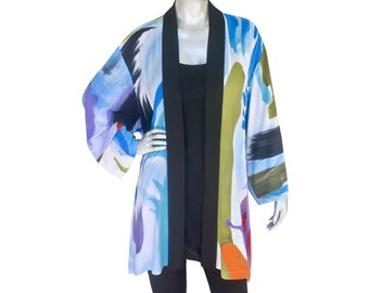 Women's Oversize Kimono Style Cardigan Jacket, Original Abstract Painting, Limited Edition, Hand Painted Duster Jacket, One Size (1X/2X)