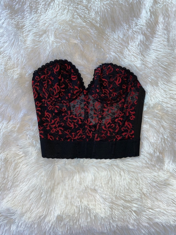 Vintage Black and Red Lace Strapless Corset Bra