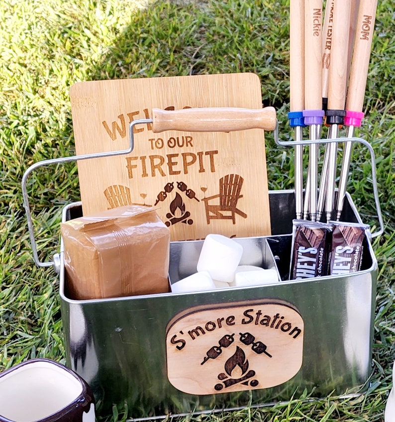 Personalized S'more Caddy Caddy Kit S'more Kit S'more Sticks Marshmallow Sticks personalized S'more Board Bamboo Board image 1