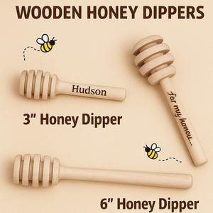 Custom Engraved Honey Dipper – Personalized 3”, or 6” Wooden Stick – Bulk Favor, Baby Shower, Bridal Shower, Wedding Gift