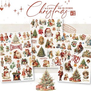 Puede incluir: Tres hojas de pegatinas navideñas de estilo vintage con ilustraciones de Papá Noel, niños, muñecos de nieve, árboles decorados, regalos, cascanueces y textos que incluyen Merry Christmas, Joy y Santa Claus North Pole Workshop.