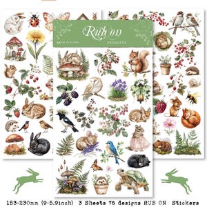 Puede incluir: Tres hojas de pegatinas frotables con 76 diseños. Las pegatinas presentan ilustraciones de animales del bosque, flores, setas y bayas. Las pegatinas miden 153-230 mm.