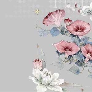 May include: Watercolor illustration of pink morning glories and white flowers with blue-green leaves on a gray background. The flowers are in full bloom, with delicate details and soft shading. The overall theme is floral and botanical.