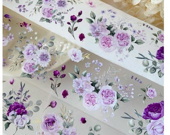 Lila blomma laser gyllene PET-tejp med specialbläck -- Maskeringstejp PET -- Bullet Journal PET-tejp -- Deco-tejp -- 55 mm x 6M