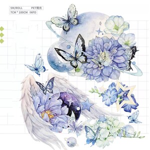 Blume mit Schmetterling Shell Light PET Tape, Junk Journal PET Tape, Glitzer Blume Tape--70mm x5M