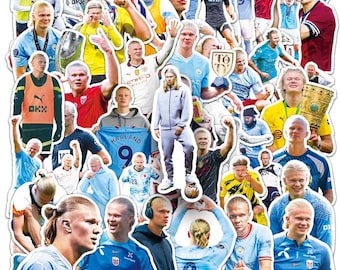 May include: A collage of colourful stickers featuring football players in various poses. The stickers feature players wearing blue, red, white and black jerseys with different team logos and names. Some of the stickers have text that says "Haaland" and "Bama".