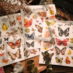 Puede incluir: Tres hojas de pegatinas con temática de mariposas con varios diseños y colores, incluyendo rojo, naranja, amarillo y negro. Las pegatinas están dispuestas sobre una superficie de madera.