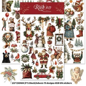 Puede incluir: Un juego de tres hojas de pegatinas de transferencia con temática navideña que incluye 75 diseños como Papá Noel, renos, animales del bosque, niños, muñecos de nieve y follaje. El texto "Rub on stickers" y "153*230MM (9*5.9inch)3sheets 75 designs RUB ON stickers" es visible.