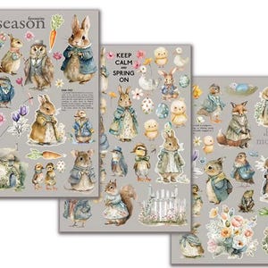 May include: Three sticker sheets with watercolour illustrations of animals in spring outfits. Rabbits, ducks, and squirrels are shown with flowers, carrots, and eggs. Text includes "season", "Spring", "Keep Calm and Spring On", and "happy moment".