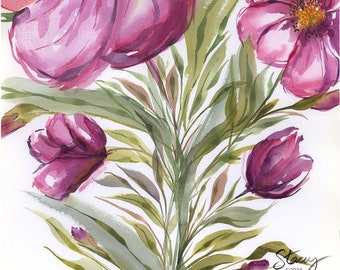 PINK BLOOM 14x20 - Original Loose Floral Watercolor Painting