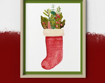 Christmas Stocking with Greenery: Watercolor Printable Art