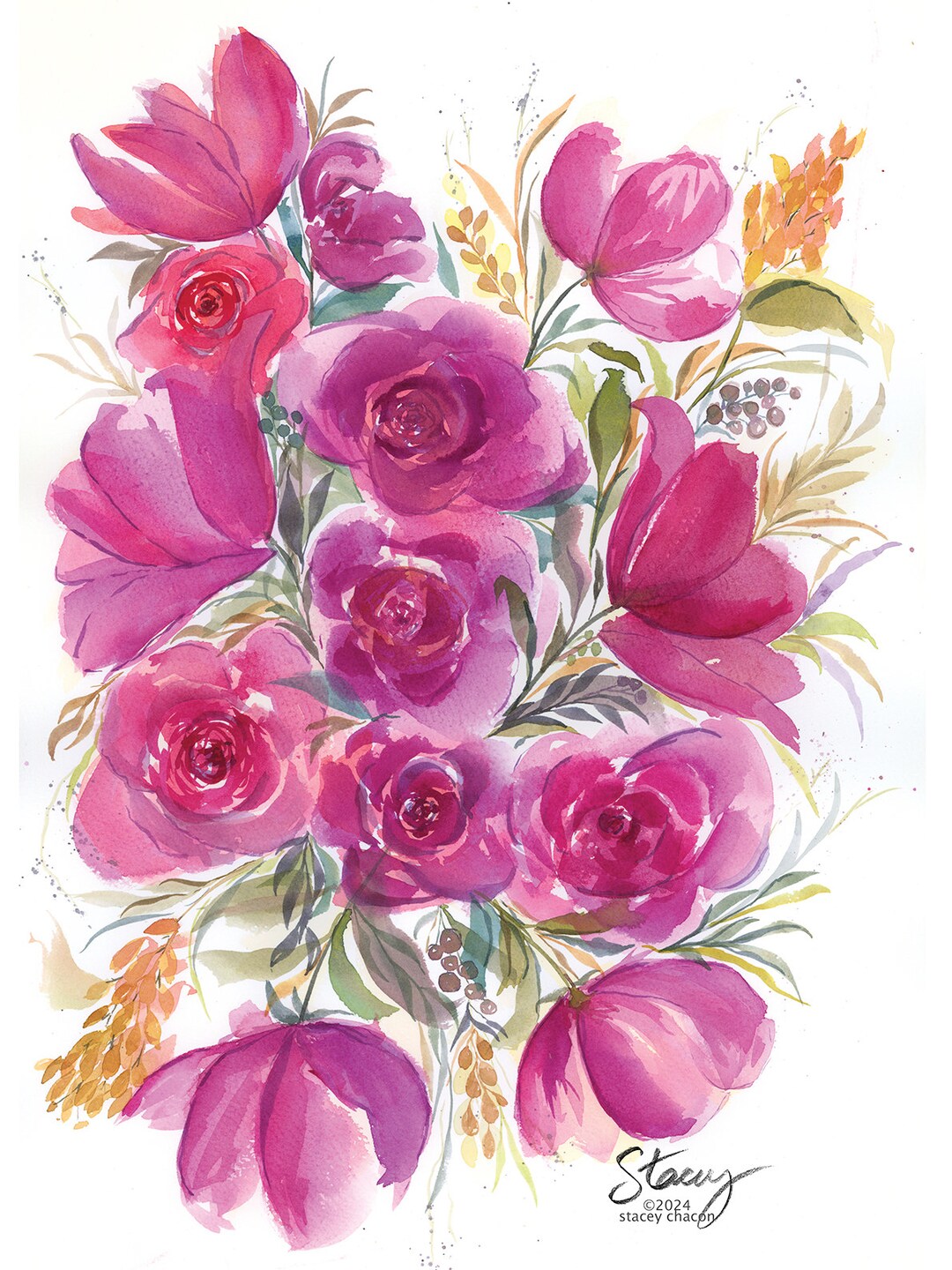 Print: PINK ROSES - Watercolor Art by Stacey Chacon - Etsy