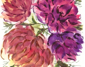 Print: DAHLIAS FLOWERS SQUARE - 8x8 - Watercolor Art by Stacey Chacon