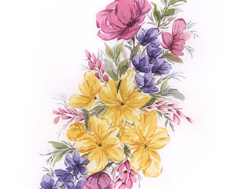 BANDE FLORALE DÉLICATE 14 x 20 - peinture aquarelle florale en vrac originale