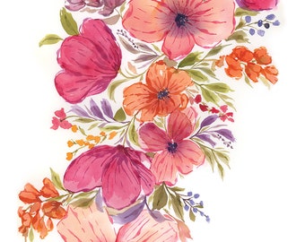 Bande de fleurs tropicales 14 x 20 - aquarelle florale en vrac originale