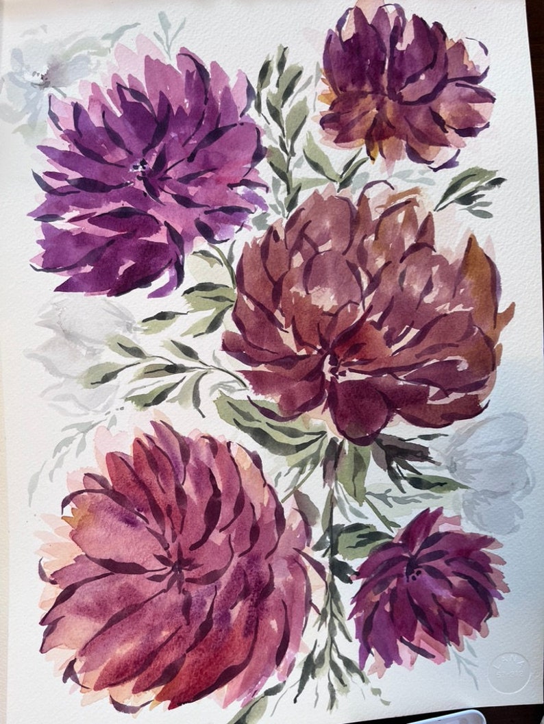 DAHLIAS 10x14 Original Loose Floral Watercolor Painting image 3