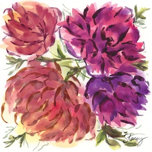 DAHLIAS 8x8 Original Loose Floral Watercolor Painting image 1