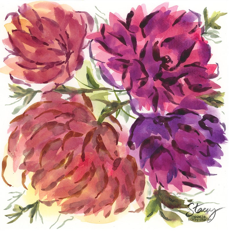 DAHLIAS 8x8 Original Loose Floral Watercolor Painting image 1