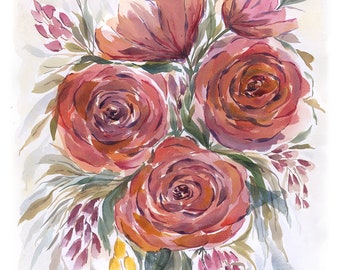 BOUQUET DE ROSE 14 x 20 - aquarelle florale en vrac originale