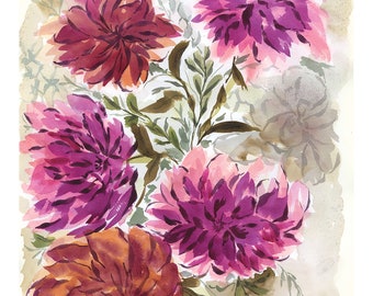 Print: DAHLIAS FLOWERS 03 - Watercolor Art by Stacey Chacon