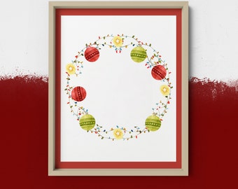 Whimsical Christmas Wreath with Lights and Ornaments: Watercolor Printable Art