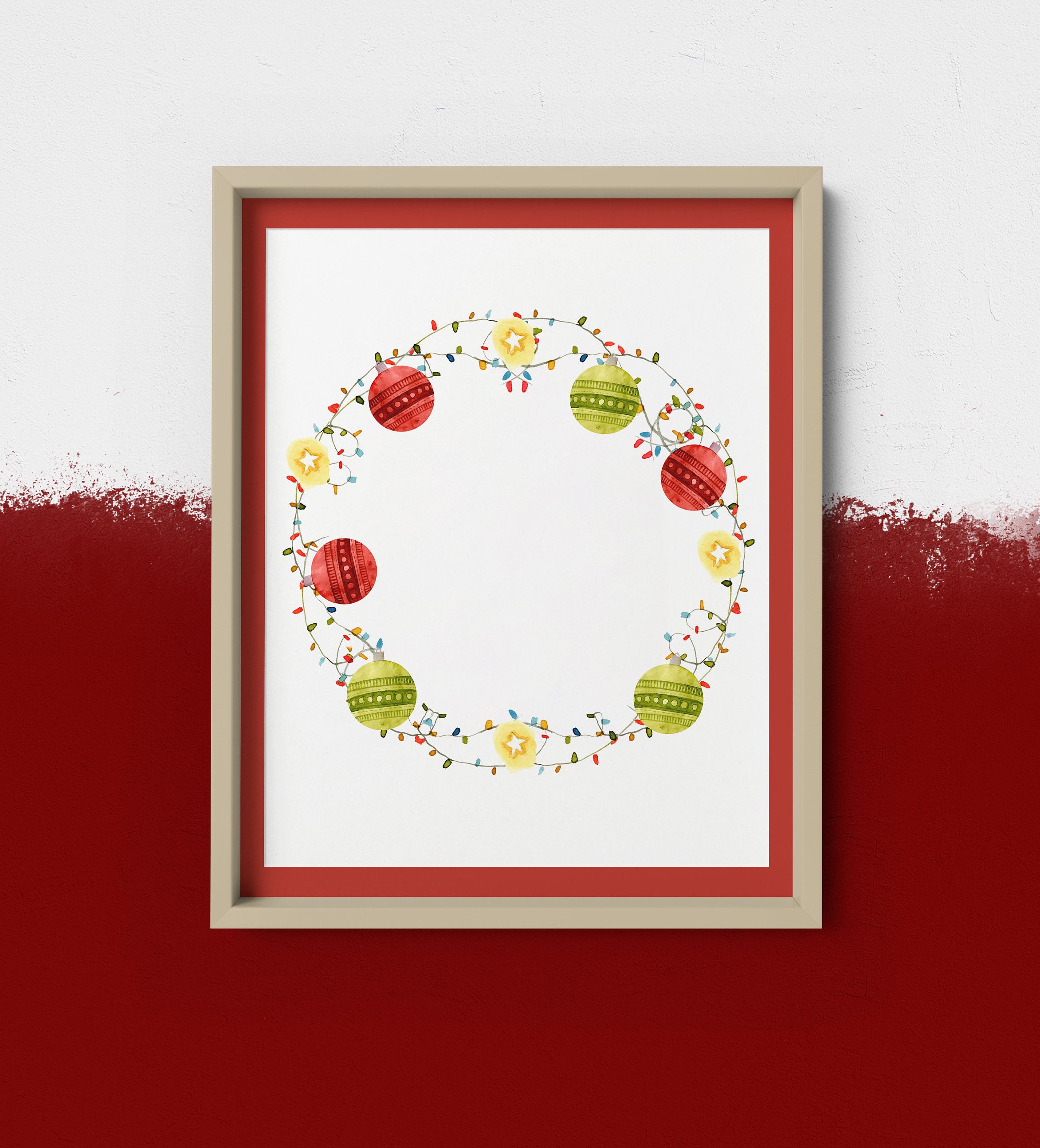 Whimsical Christmas Wreath With Lights and Ornaments Watercolor