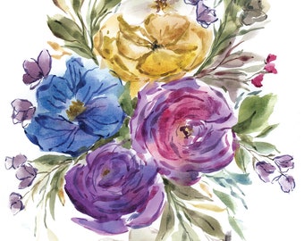 Impression : bouquet VIOLET, BLEU ET JAUNE - Aquarelle par Stacey Chacon