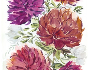 DAHLIAS 10 x 14 - aquarelle florale en vrac originale